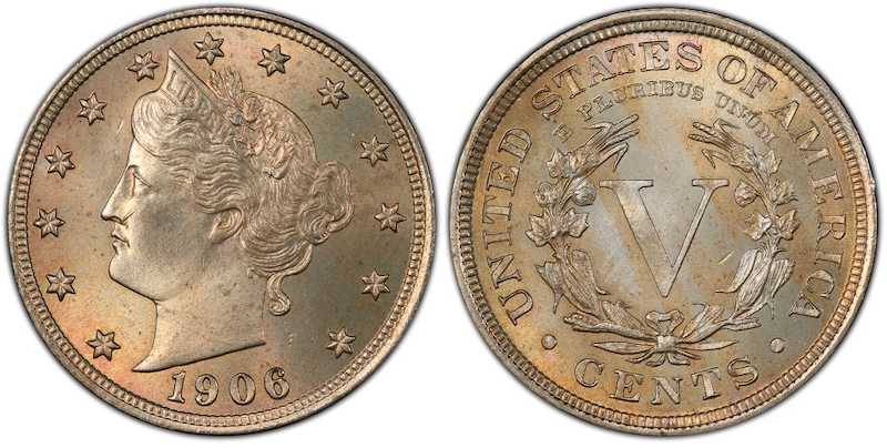 Side-by-side reverse comparison: common 1906 Liberty Nickel (left) versus the FS-801 Doubled Die Reverse variety (right), arrows highlighting doubling on the inscription