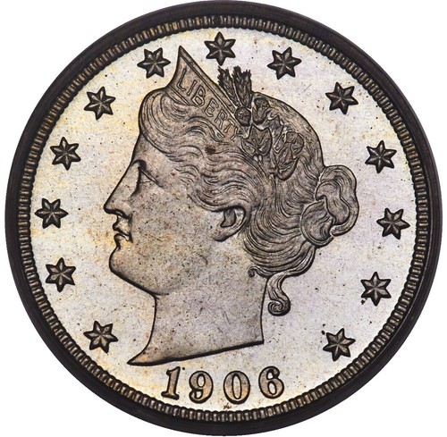 Close-up reverse of 1906 FS-801 Doubled Die Reverse Liberty Nickel showing doubling on 'UNITED STATES OF AMERICA' inscription and wreath leaves