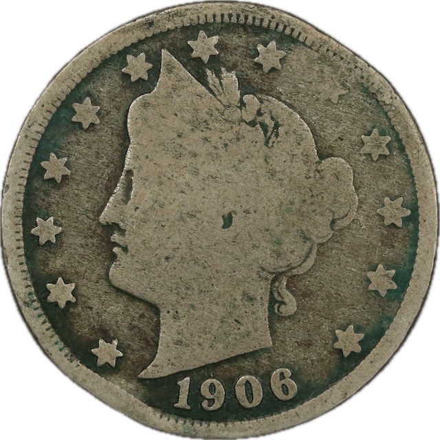 1906 Liberty Nickel struck on an Indian Head cent copper planchet (smaller, copper-colored) shown beside a normal nickel-alloy example for size comparison