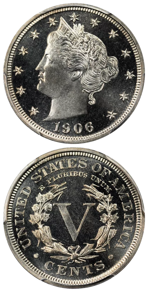 1906 Proof Liberty Head Nickel showing characteristic mirror-like fields and frosted Liberty portrait devices, struck for collectors from polished dies