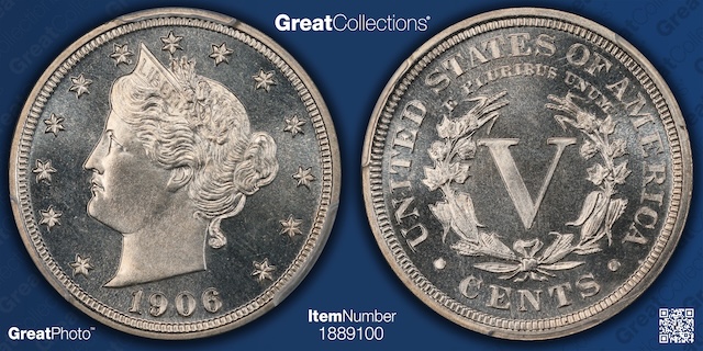 Grading strip showing four 1906 Liberty Head Nickels in progressively better condition from left to right: Worn/Good, Very Fine, About Uncirculated, and Gem Mint State